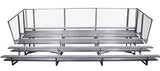Aluminum 5-row bleacher with double foot planks and chain-link fence guardrails.