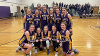 Thumbnail for A basketball team of girls and young women in purple and gold uniforms, some wearing arm sleeves.