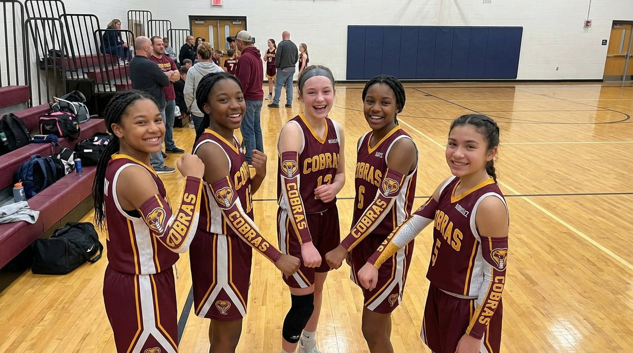 Five girls in basketball uniforms wearing maroon and white arm sleeves with "COBRAS" and a cobra logo.