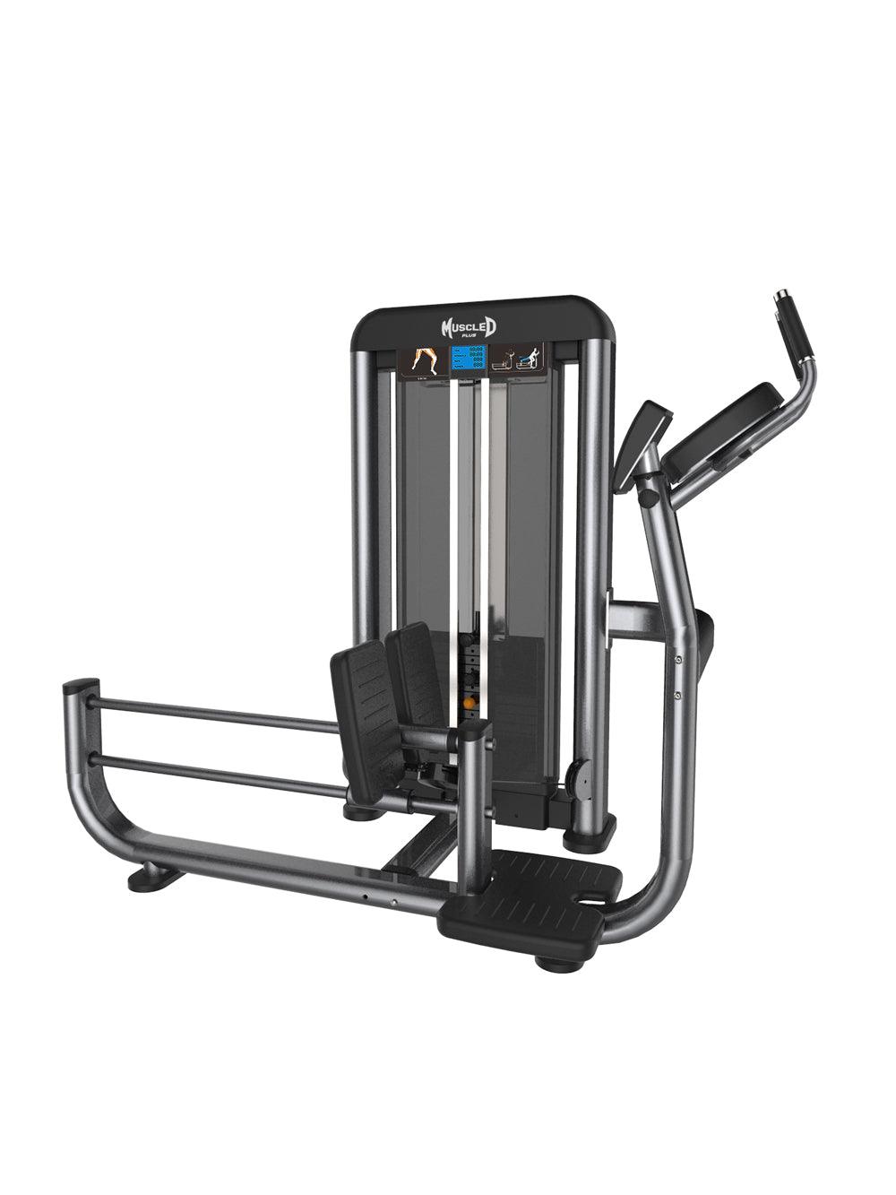 Gray and black commercial gym glute blaster machine with weight stack, footplates, and padded arm rests.