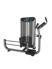 Thumbnail for Gray and black commercial gym glute blaster machine with weight stack, footplates, and padded arm rests.