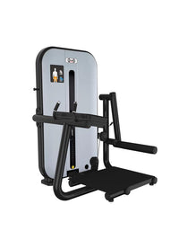 Thumbnail for Black and gray pin-selectorized glute extension machine with a foot platform and padded armrests.