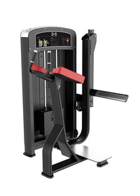 Thumbnail for Black and red selectorized glute machine with a weight stack, footplate, and exercise diagram.