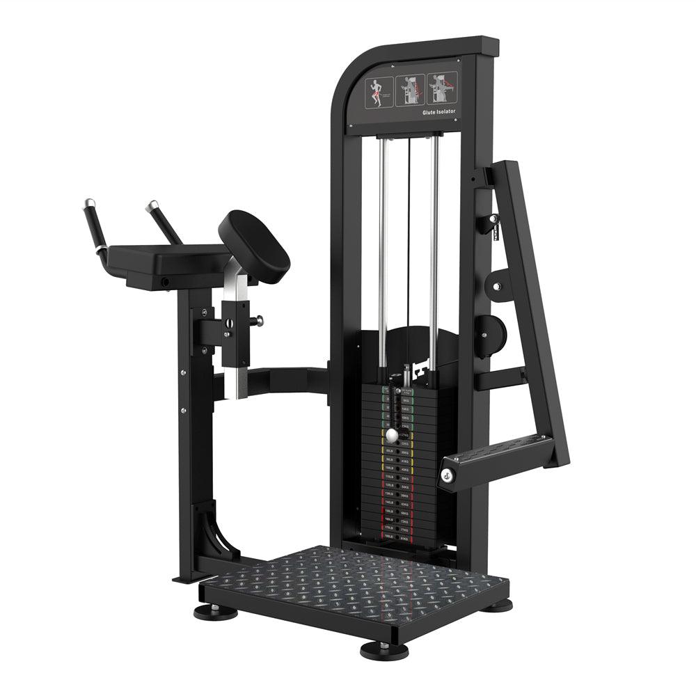 Black selectorized glute kick machine with weight stack, chest pad, and handles.