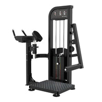 Thumbnail for Black selectorized glute kick machine with weight stack, chest pad, and handles.