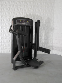 Thumbnail for Black commercial glute machine with weight stack, footplate, and padded armrests.