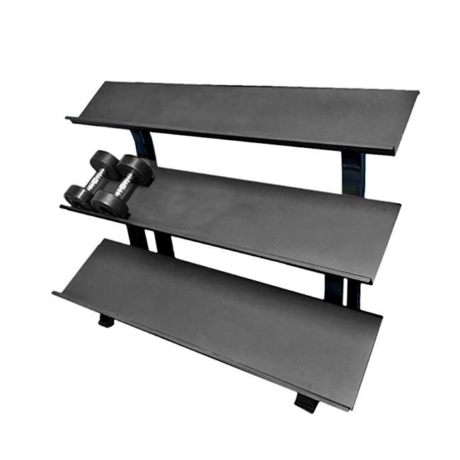 Black 3-tier dumbbell rack with two small dumbbells on the middle shelf.