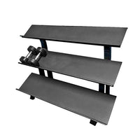 Thumbnail for Black 3-tier dumbbell rack with two small dumbbells on the middle shelf.