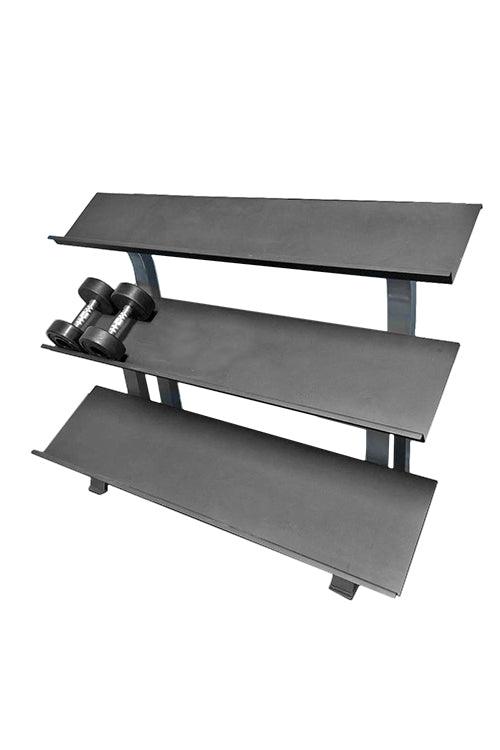 Black 3-tier dumbbell rack with two black hex dumbbells on the middle shelf, against a white background.
