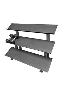 Thumbnail for Black 3-tier dumbbell rack with two black hex dumbbells on the middle shelf, against a white background.