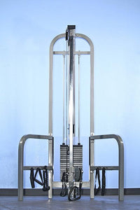 Thumbnail for Gray vertical adjustable pulley combo machine with weight stacks and black handles.