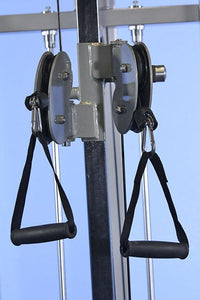Thumbnail for Close-up of a dual cable pulley system with two black D-handles attached to carabiners.
