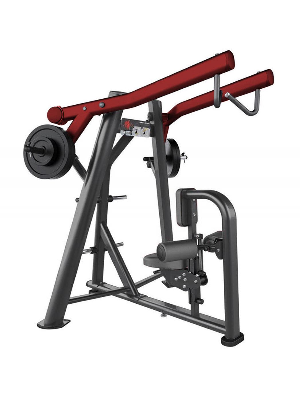 Black and red plate-loaded high lat row machine with adjustable seat and padded rollers.