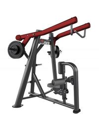 Thumbnail for Black and red plate-loaded high lat row machine with adjustable seat and padded rollers.
