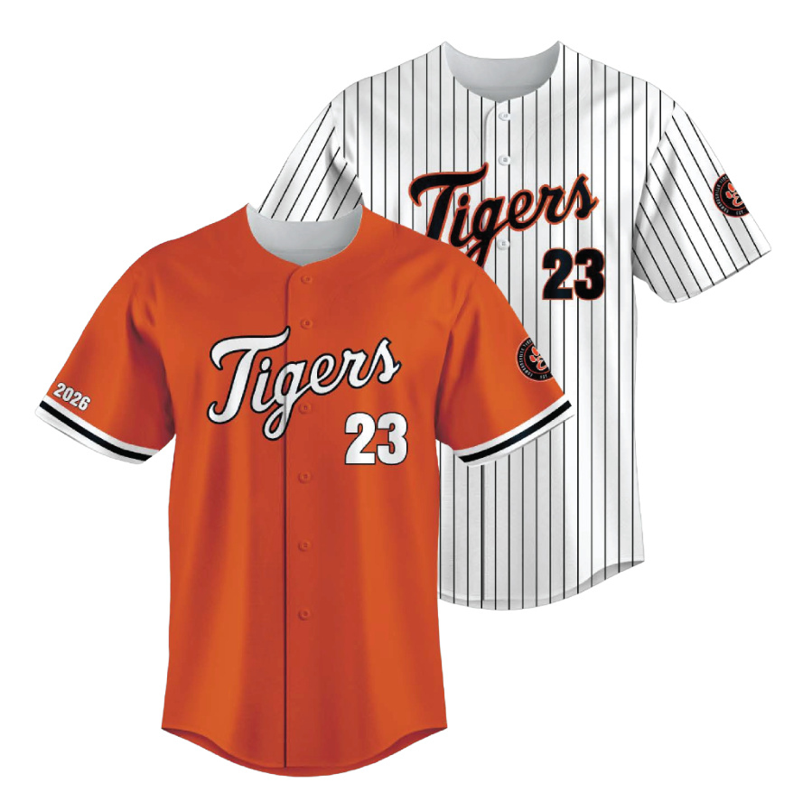 Orange and white pinstripe baseball jerseys with "Tigers" and "23" on front, and a round patch on sleeve.