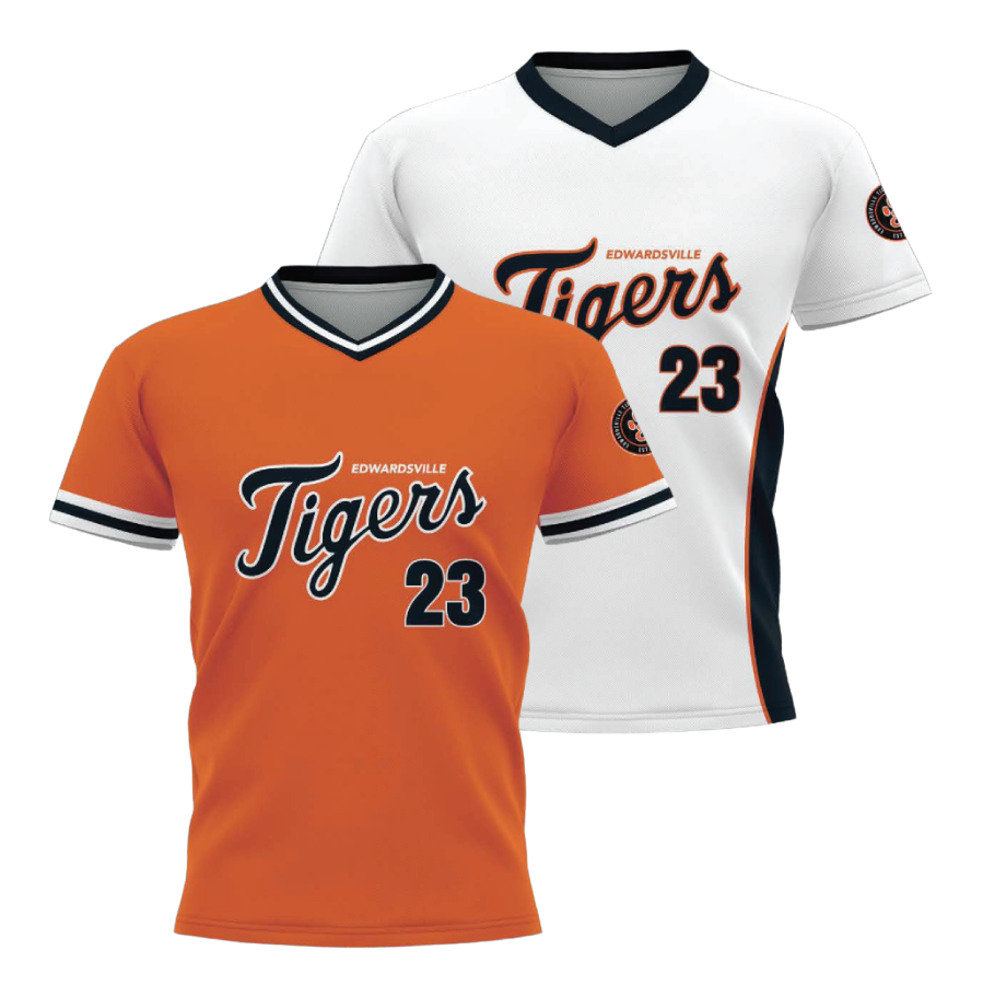 Orange and white Edwardsville Tigers baseball jerseys with "23" on the front.