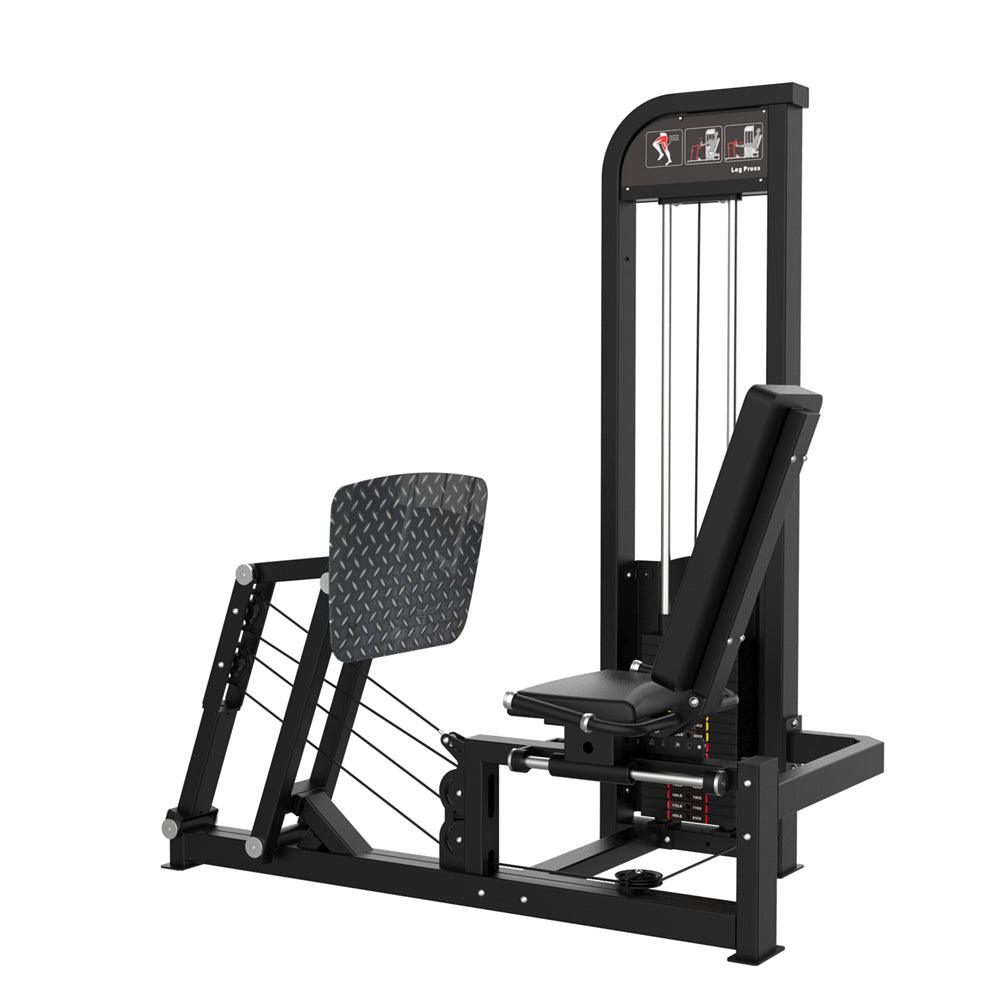 Black horizontal leg press machine with a diamond plate foot platform and weight stack.