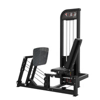 Thumbnail for Black horizontal leg press machine with a diamond plate foot platform and weight stack.