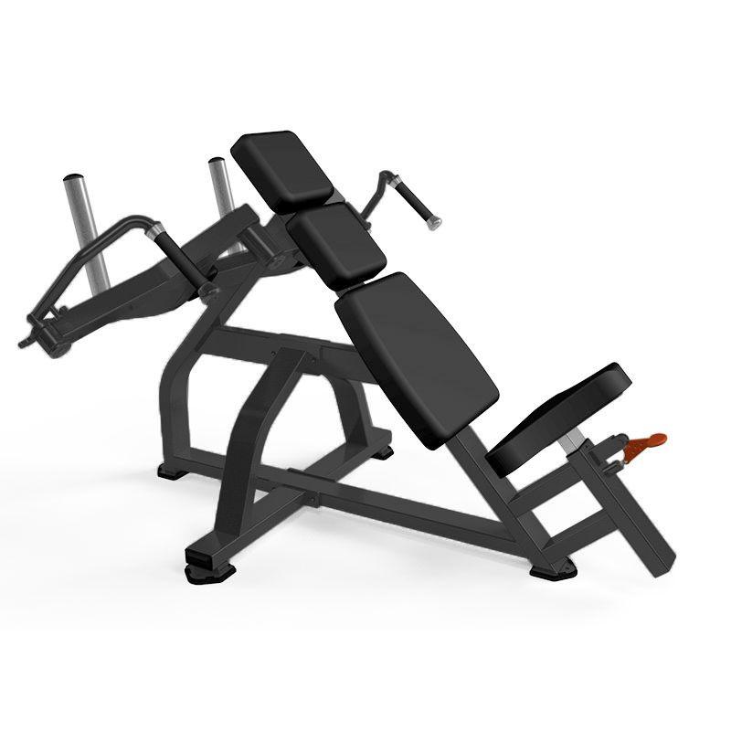 Black plate-loaded incline pec fly machine with piston-assisted seat adjustment.