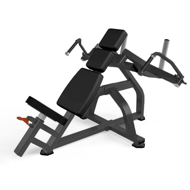 Black plate-loaded incline pec fly machine with padded seats and handles.