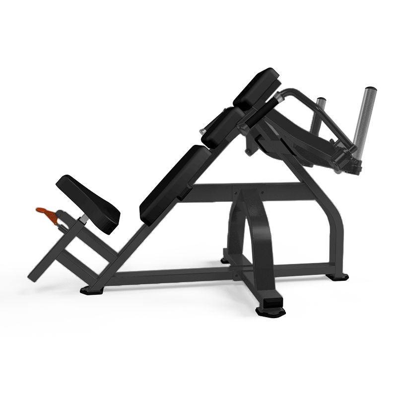 Black incline pec fly machine with padded seats and handles, angled for chest workouts.