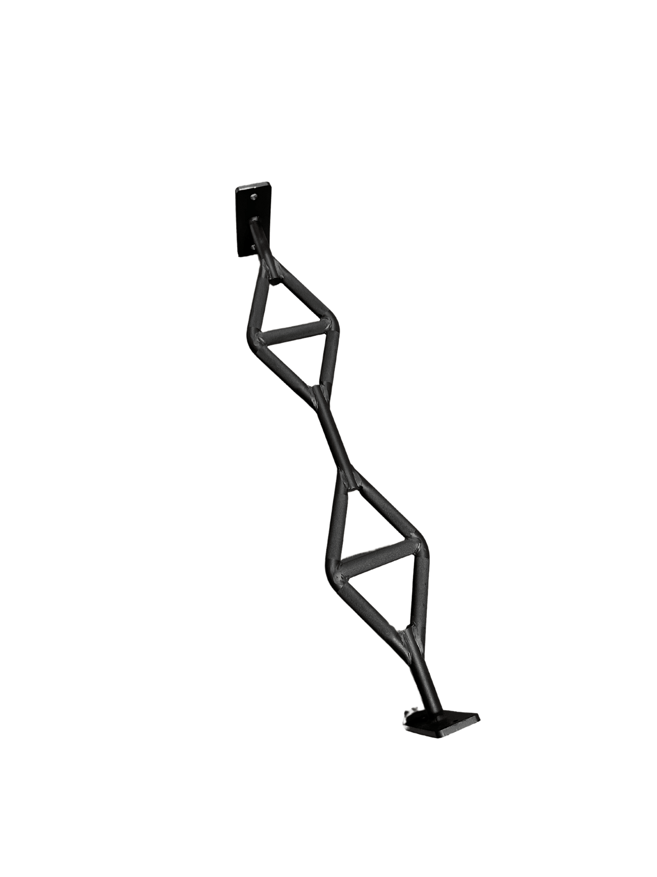 Black multi-grip pull-up bar with two mounting plates, angled diagonally on a dark green background.