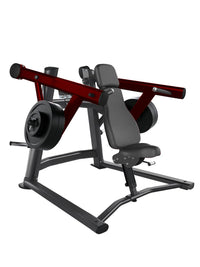 Thumbnail for Red and black plate-loaded incline shoulder press machine with adjustable seat.