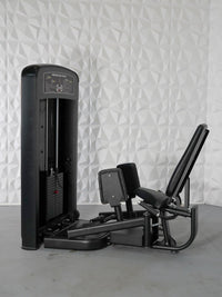 Thumbnail for Black inner and outer thigh selectorized gym machine with adjustable seat and weight stack.