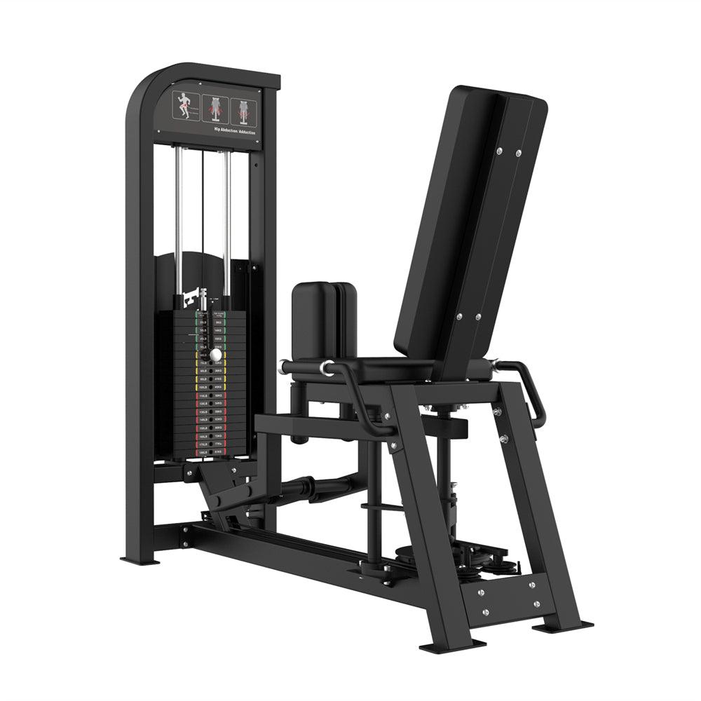 Black selectorized inner/outer thigh machine with weight stack, padded seat, and backrest.