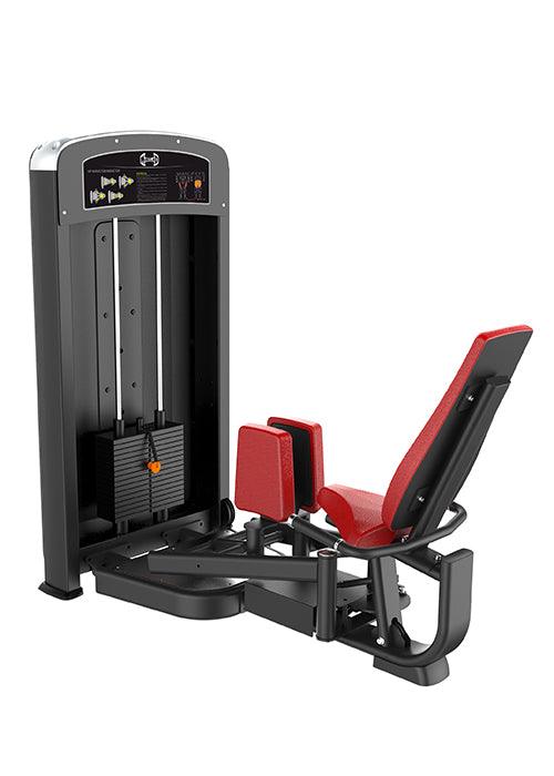 Black and red selectorized inner and outer thigh machine with weight stack and adjustable seat.