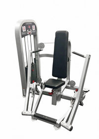 Thumbnail for Silver and black seated chest press machine with weight stack, black padded seat and backrest, and footrests.