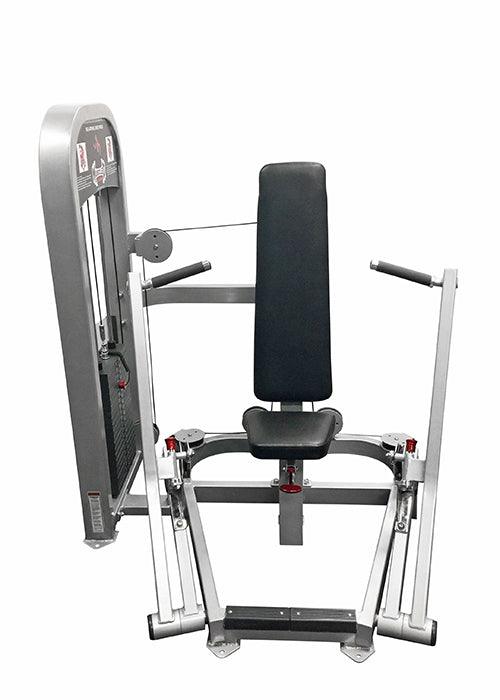 Silver and black chest press machine with a seated bench, weight stack, and two handles.