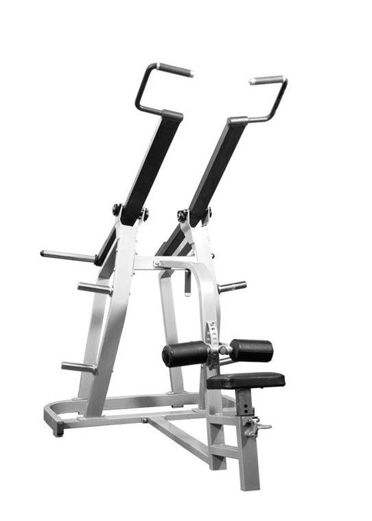 Gray and black iso lateral lat pulldown machine with weight storage pegs and an adjustable seat.