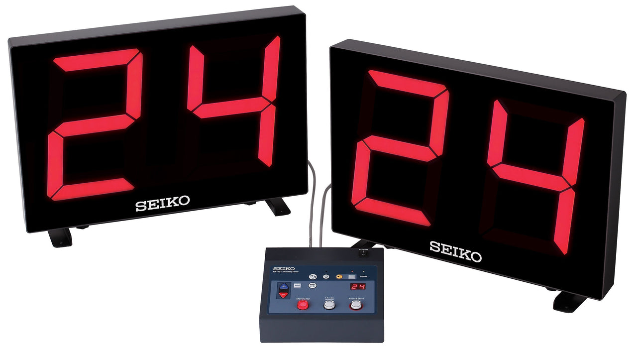 Two black Seiko shot clocks with red "24" displays, connected to a control box.