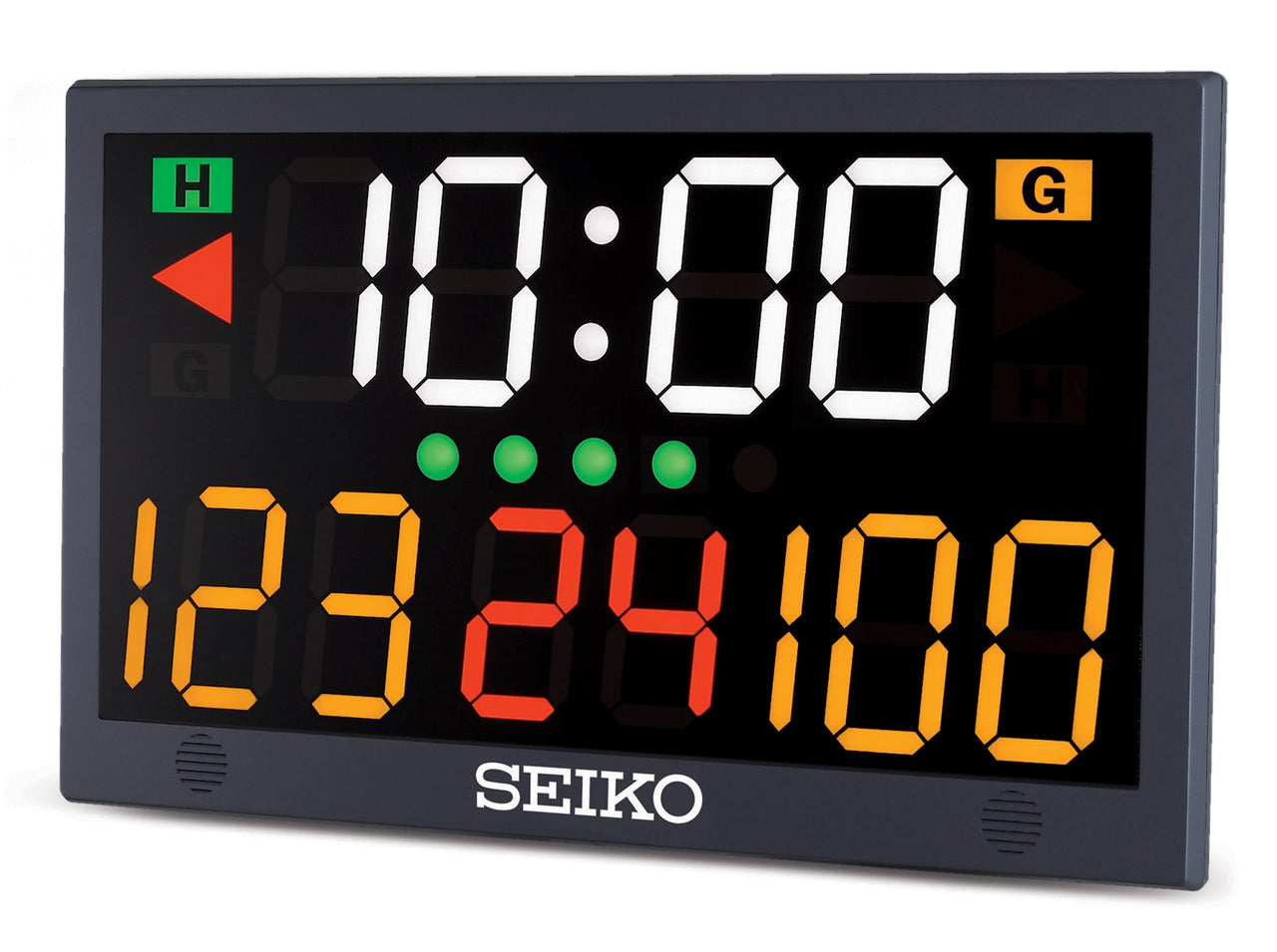 Seiko multi-function scoreboard with digital timer, score, and game indicators.