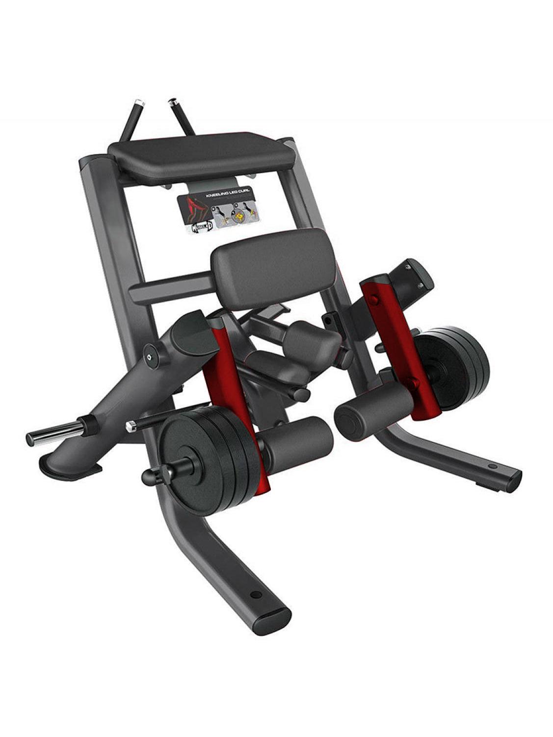 Black and red kneeling leg curl machine with weight plates on a white background.