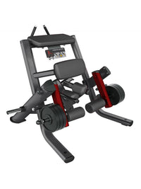 Thumbnail for Black and red kneeling leg curl machine with weight plates on a white background.