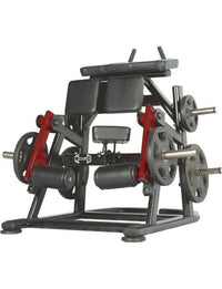 Thumbnail for Black and red plate-loaded kneeling leg curl machine with black padded seats and weight plates.