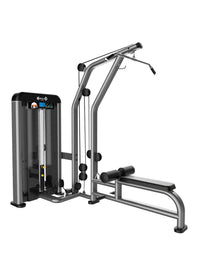 Thumbnail for Gray and black lat/low row machine with a weight stack, pulleys, cables, and a padded seat.