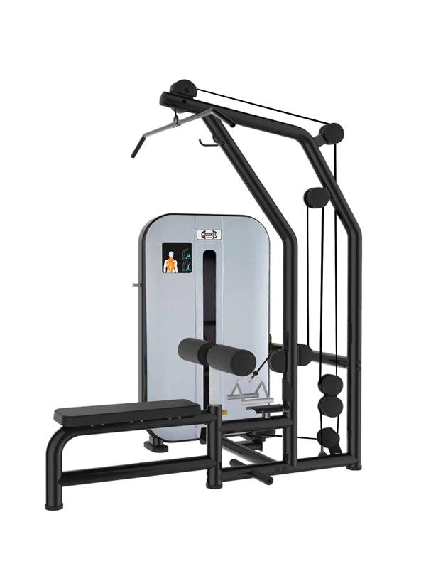 Black and gray lat pulldown and low row combo machine with adjustable seat and pin selectorized weight stack.