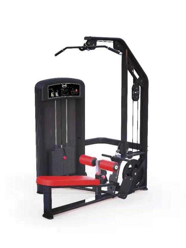 Black and red lat pulldown and low row machine with adjustable seat and pin selectorized weight stack.