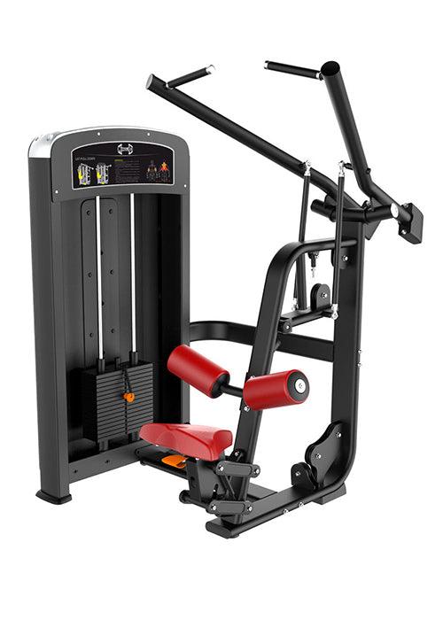 Black lat pulldown machine with red seat and leg pads, weight stack, and instructional diagram.