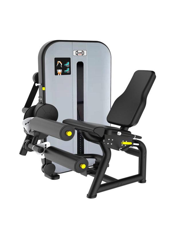 Black and gray leg extension/curl machine with yellow adjustment pins and a padded seat.