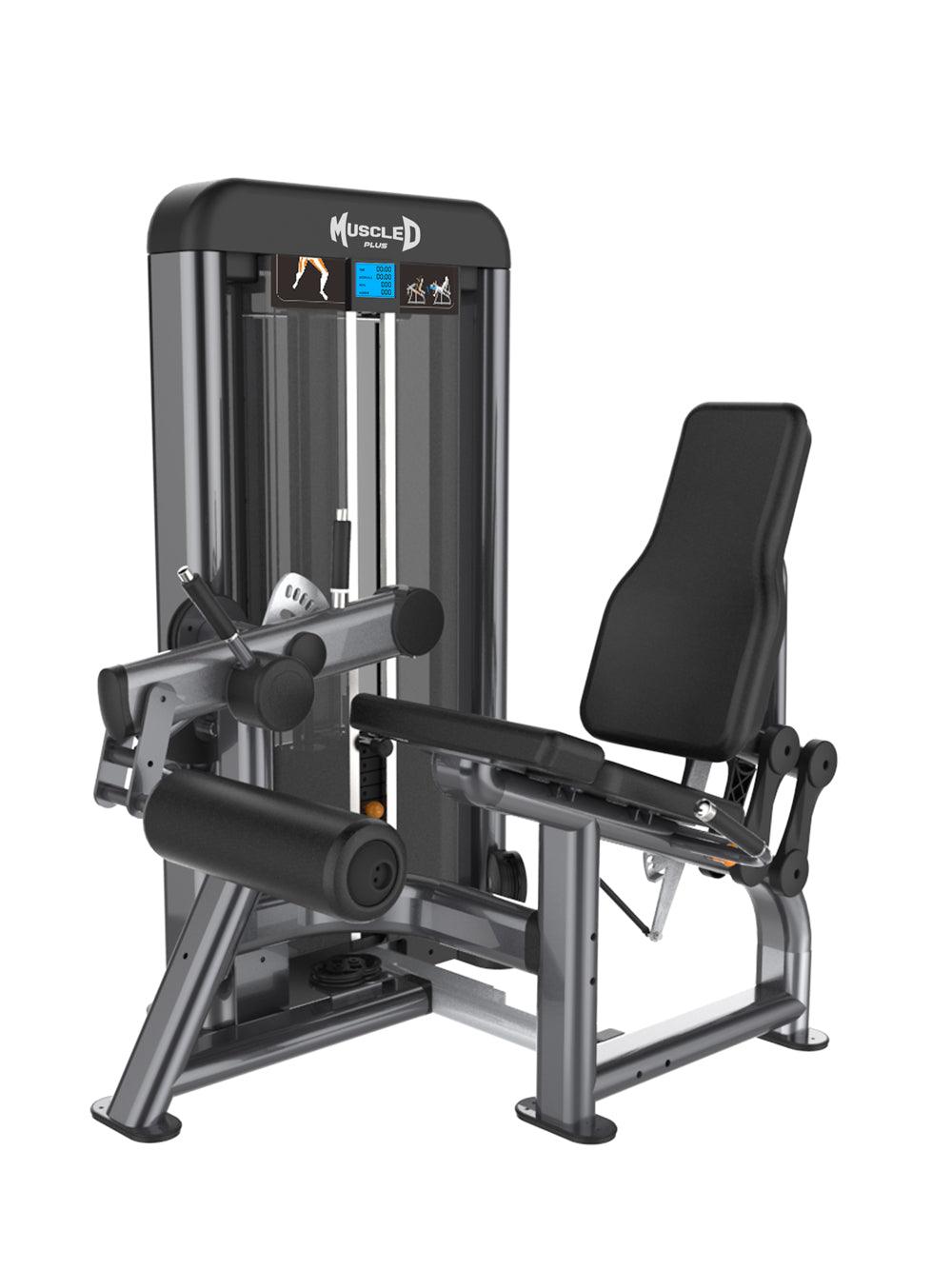 Gray and black leg extension machine with padded seat and leg rollers.