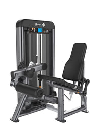 Thumbnail for Gray and black leg extension machine with padded seat and leg rollers.