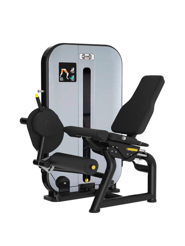 Black and gray leg extension machine with adjustable seat, pin selectorized weight stack, and yellow accents.