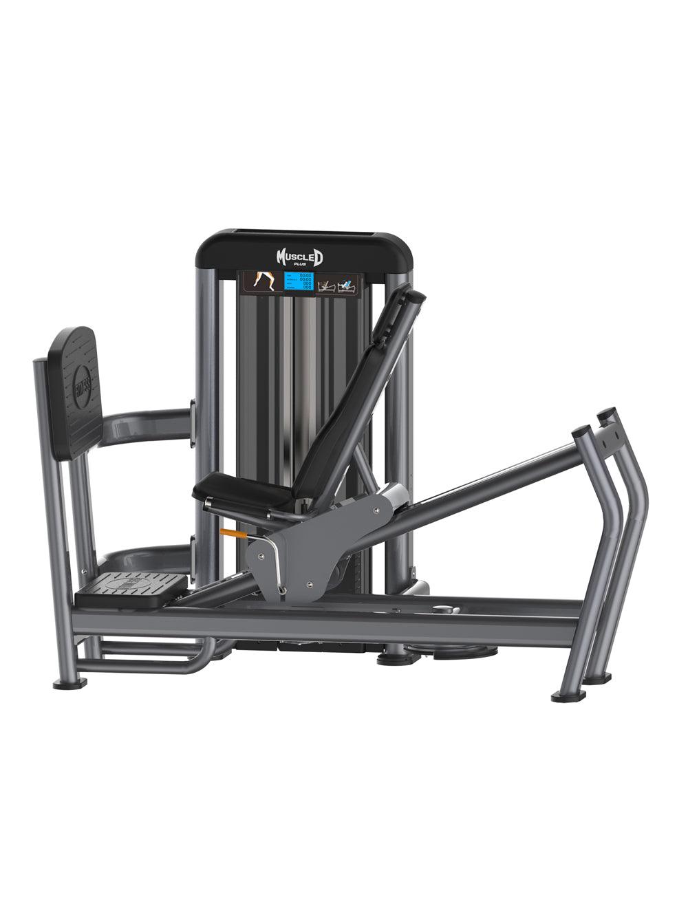 Gray and black leg press and calf raise machine with a weight stack, seat, and footplate.