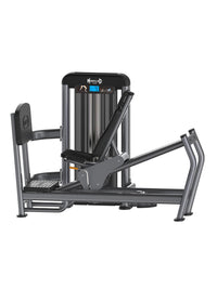 Thumbnail for Gray and black leg press and calf raise machine with a weight stack, seat, and footplate.