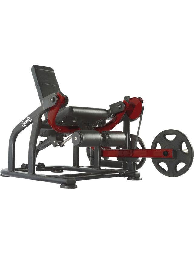 Black and red plate-loaded leg extension machine with adjustable seat and leg pads.