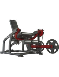 Thumbnail for Black and red plate-loaded leg extension machine with adjustable seat and leg pads.